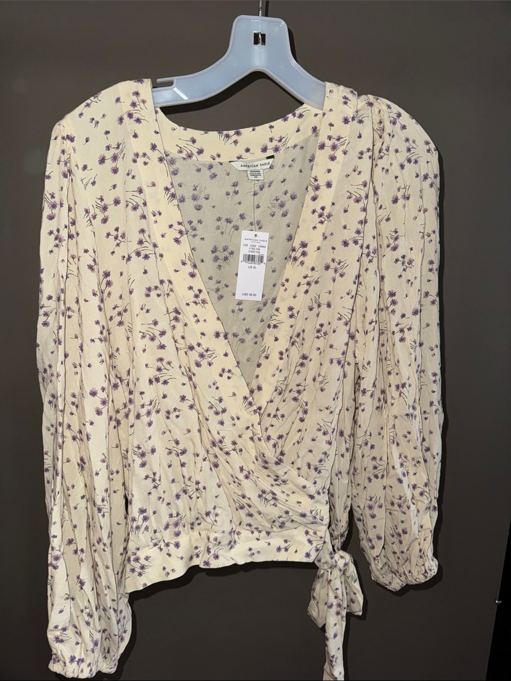 American Eagle Outfitters Cream Wrap Blouse with Purple Floral Print